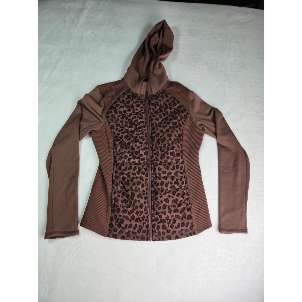 Tek Gear Womens Brown Leopard Print Hybrid Quilted Hooded Jacket Medium Full Zip